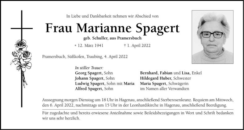 Traueranzeige Marianne Spagert