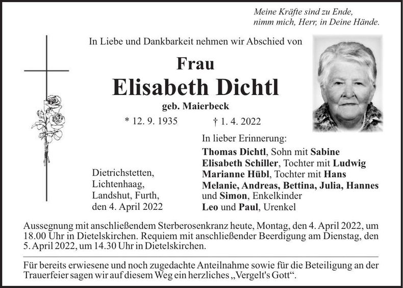Traueranzeige Elisabeth Dichtl