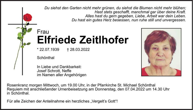 Traueranzeige Elfriede Zeitlhofer