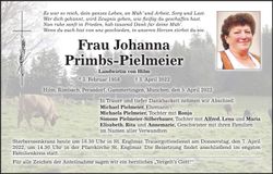 Traueranzeige Johanna Prims-Pielmeier