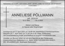 Traueranzeige Anneliese Pöllmann