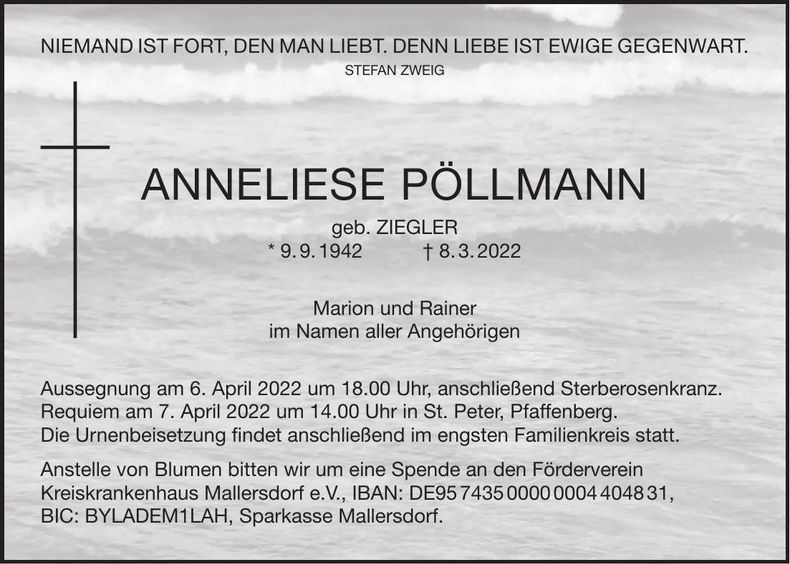 Traueranzeige Anneliese Pöllmann