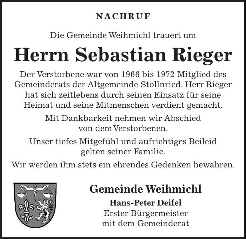 Traueranzeige Sebastian Rieger