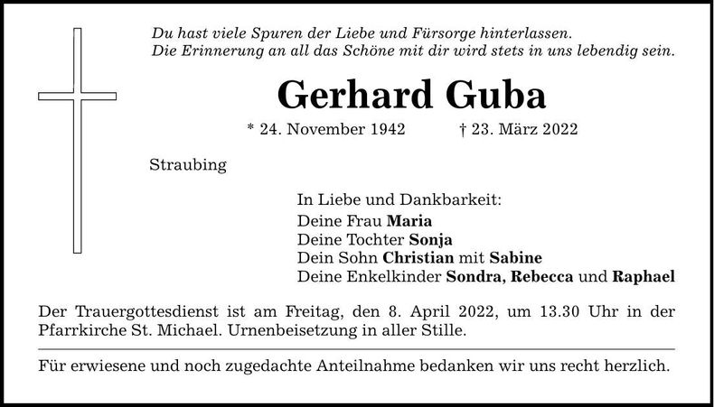 Traueranzeige Gerhard Guba