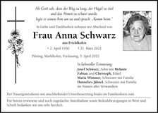 Traueranzeige Anna Schwarz