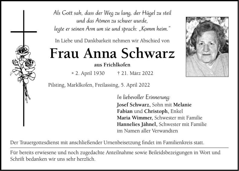 Traueranzeige Anna Schwarz