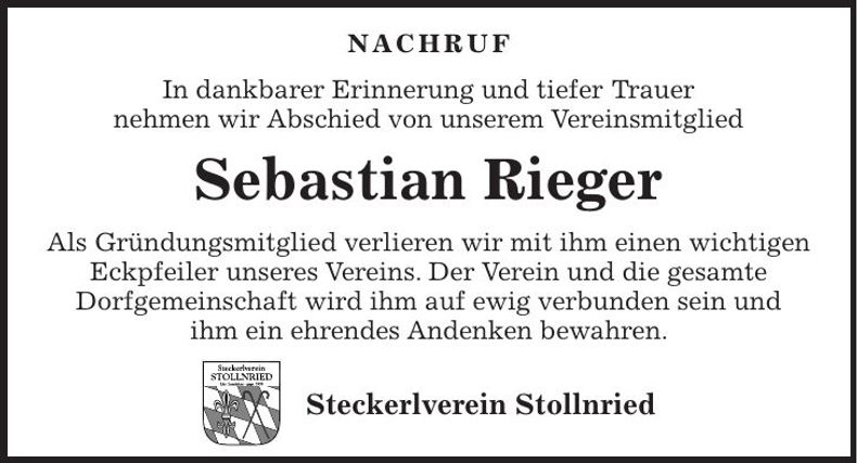 Traueranzeige Sebastian Rieger