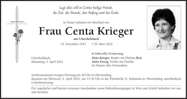 Traueranzeige Centa Krieger