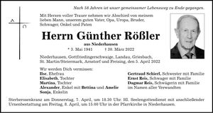 Traueranzeige Günther Rößler