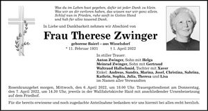 Traueranzeige Therese Zwinger