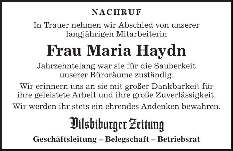 Traueranzeige Maria Haydn