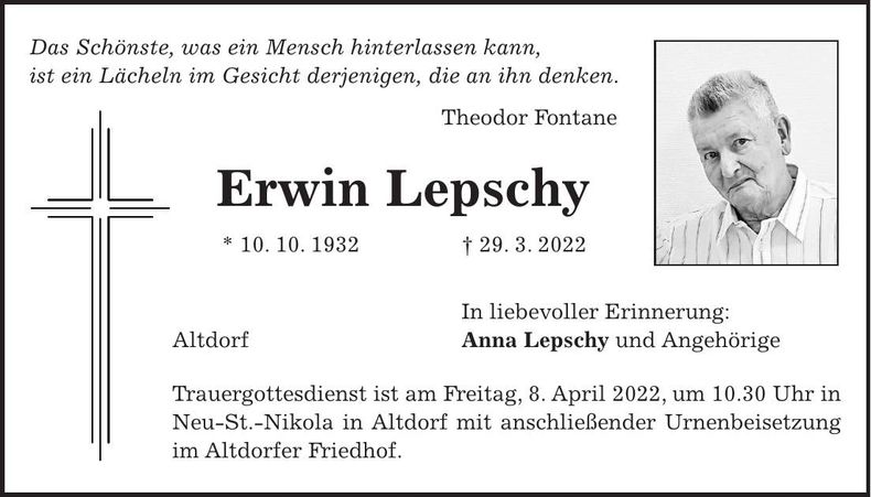 Traueranzeige Erwin Lepschy