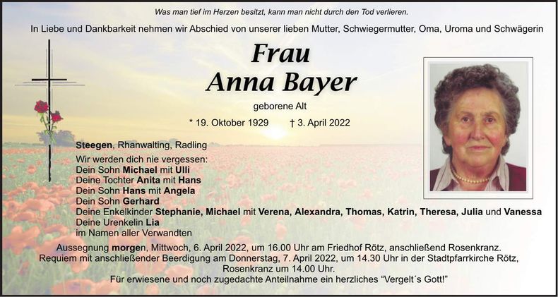 Traueranzeige Anna Bayer