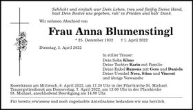 Traueranzeige Anna Blumenstingl