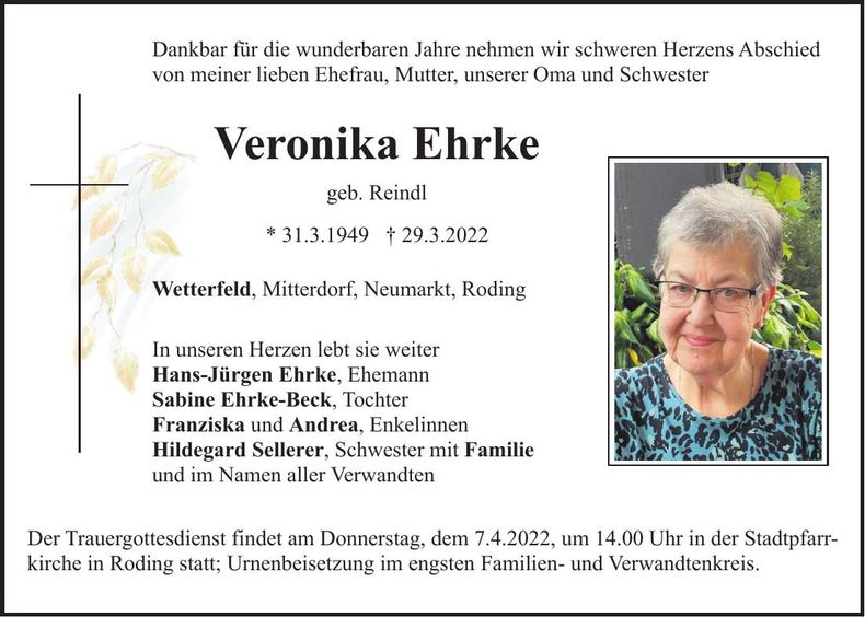 Traueranzeige Veronika Ehrke