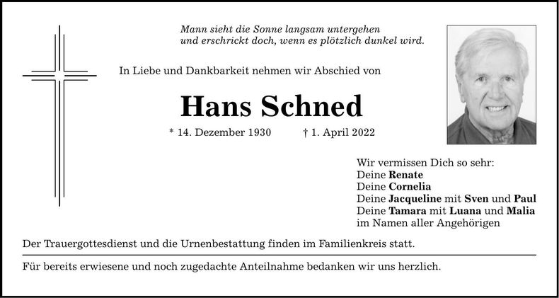 Traueranzeige Hans Schned