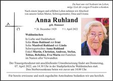 Traueranzeige Anna Ruhland