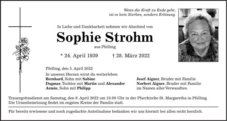 Traueranzeige Sophie Strohm