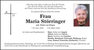 Traueranzeige Maria Störringer