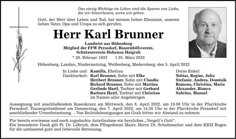 Traueranzeige Karl Brunner