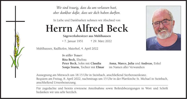 Traueranzeige Alfred Beck