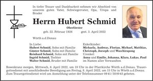 Traueranzeige Hubert Schmid