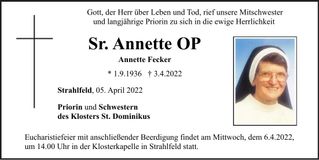 Traueranzeige Sr. Annette Fecker