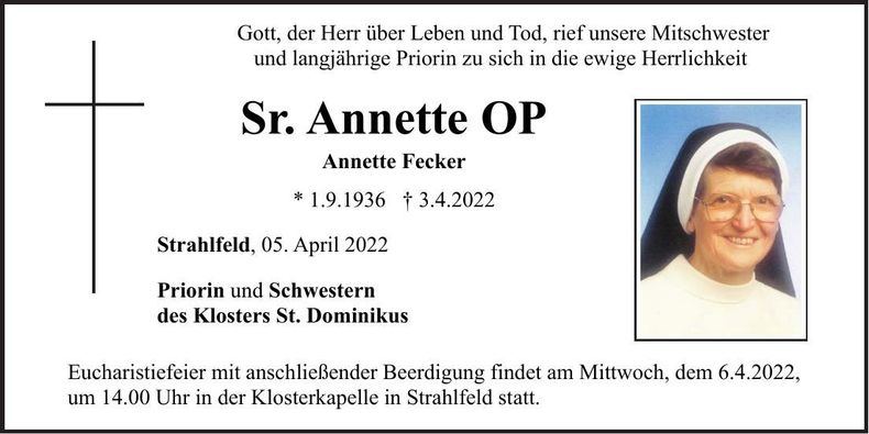 Traueranzeige Sr. Annette Fecker