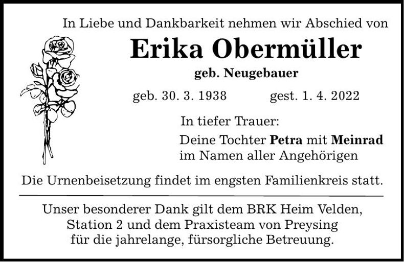 Traueranzeige Erika Obermüller
