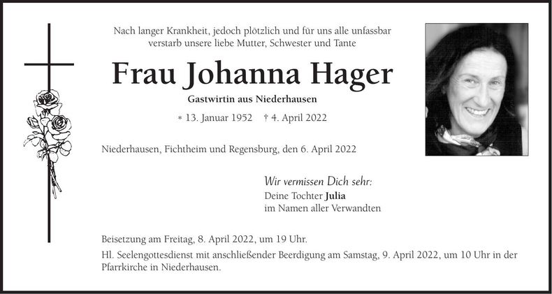 Traueranzeige Johanna Hager