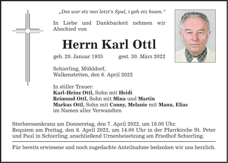 Traueranzeige Karl Ottl