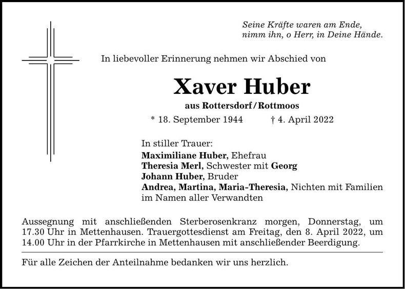 Traueranzeige Xaver Huber