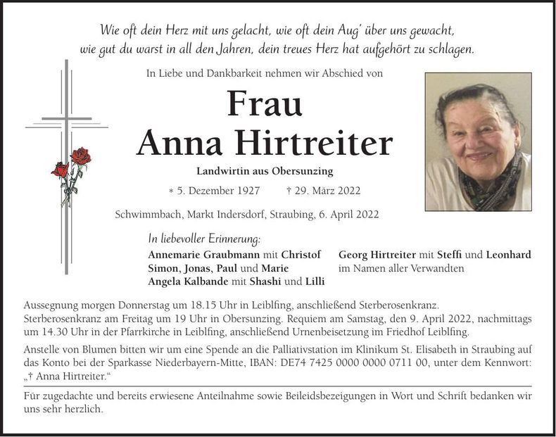 Traueranzeige Anna Hirtreiter