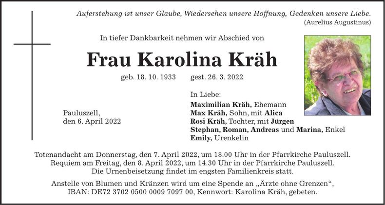 Traueranzeige Karolina Kräh