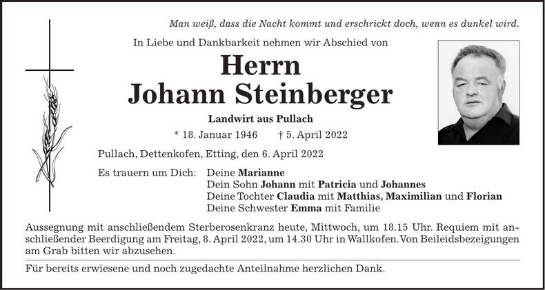 Traueranzeige Johann Steinberger