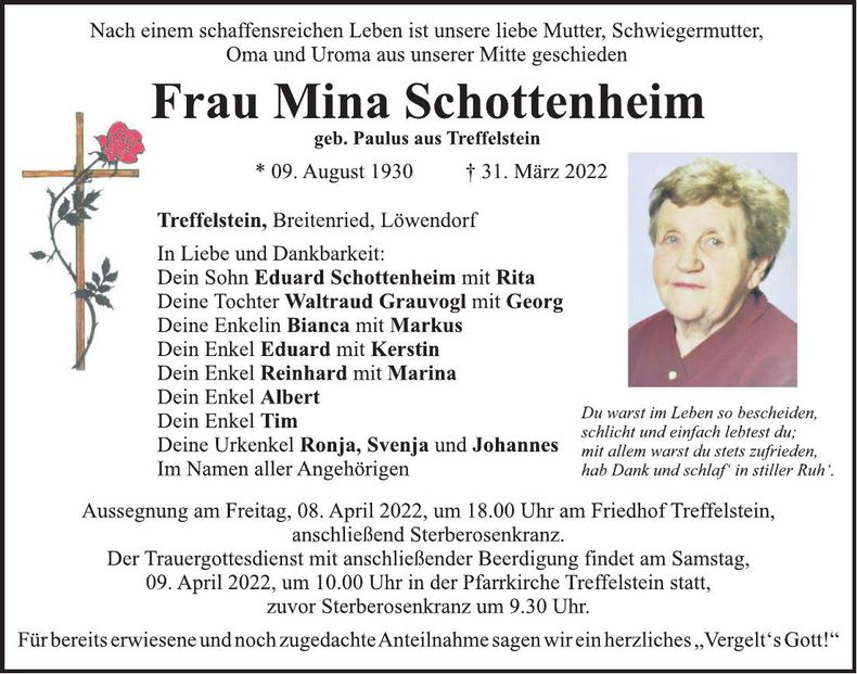 Traueranzeige Mina Schottenheim