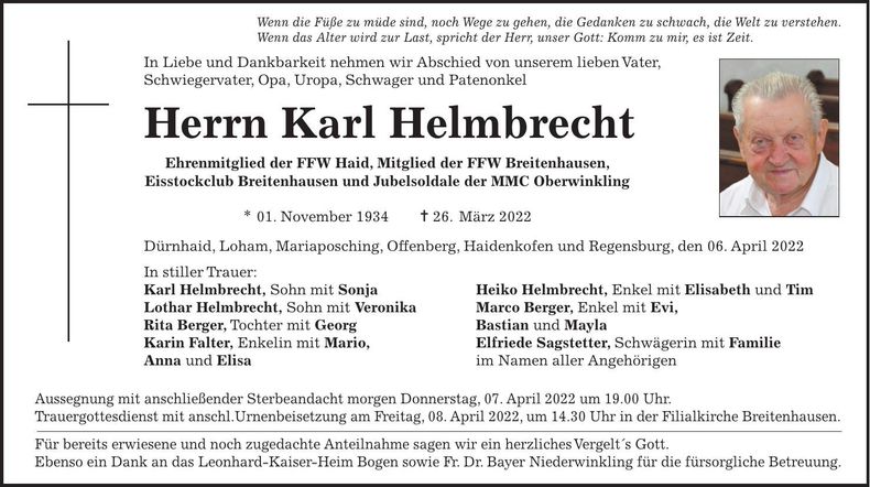 Traueranzeige Karl Helmbrecht