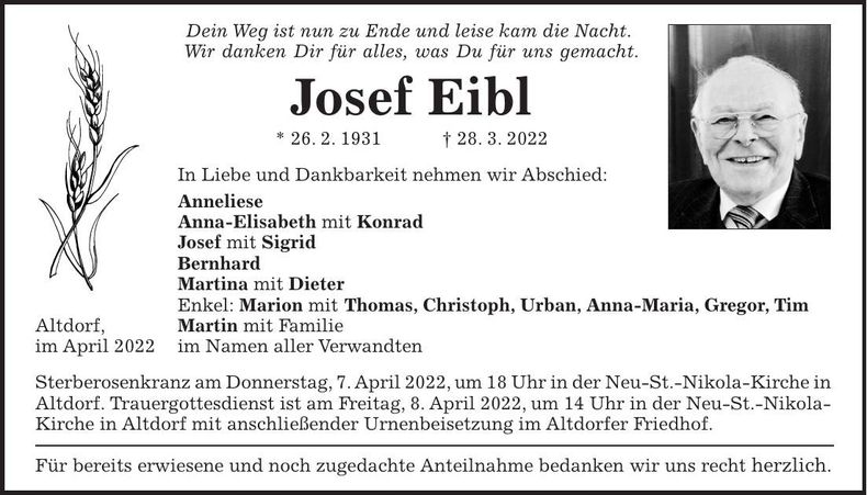 Traueranzeige Josef Eibl