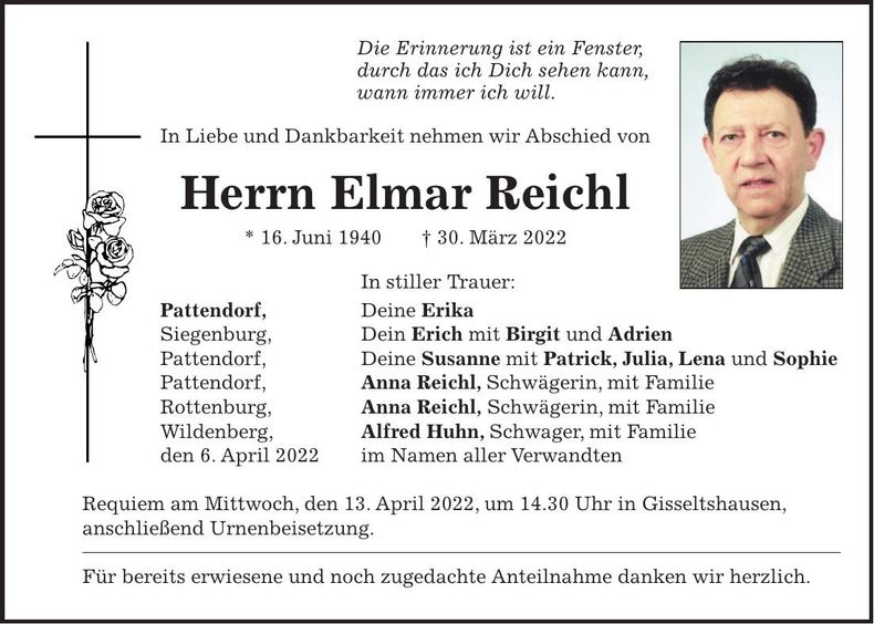 Traueranzeige Elmar Reichl