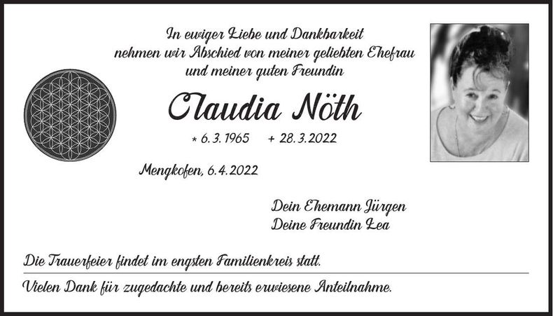 Traueranzeige Claudia Nöth