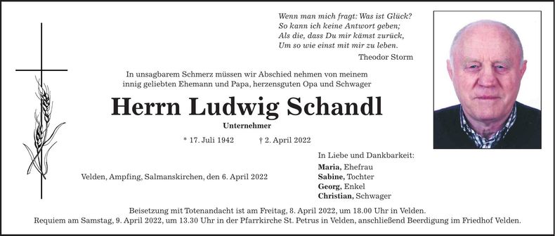 Traueranzeige Ludwig Schandl
