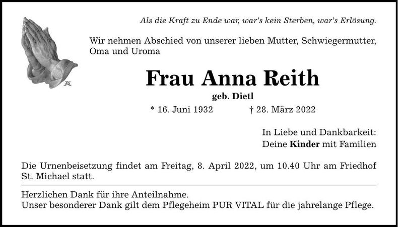 Traueranzeige Anna Reith