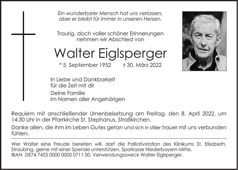 Traueranzeige Walter Eiglsperger