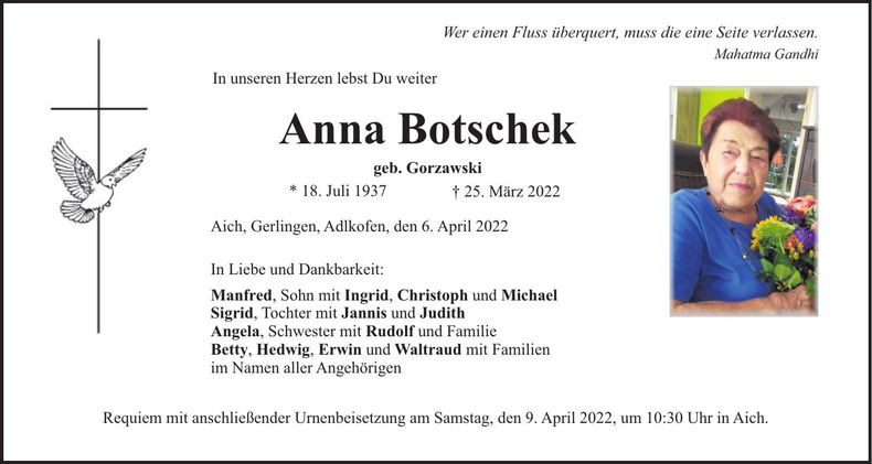 Traueranzeige Anna Botschek