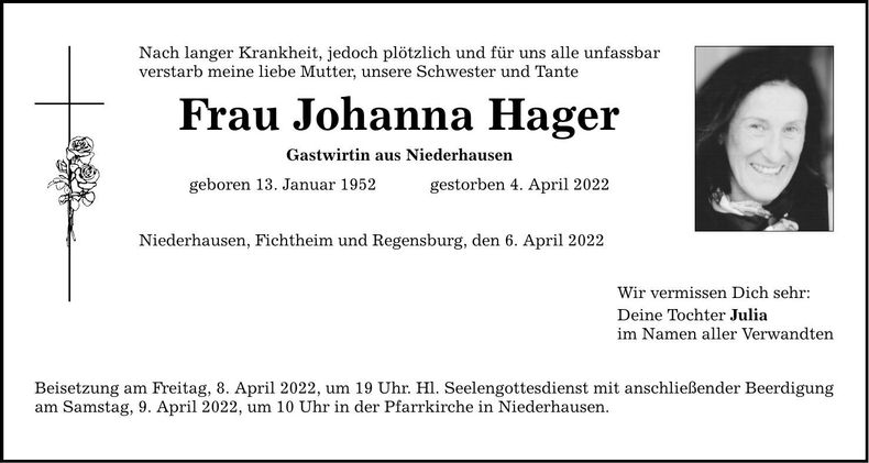 Traueranzeige Johanna Hager