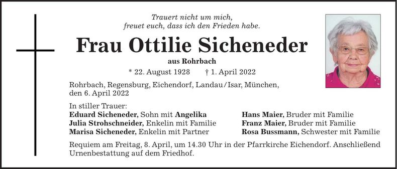 Traueranzeige Ottilie Sicheneder