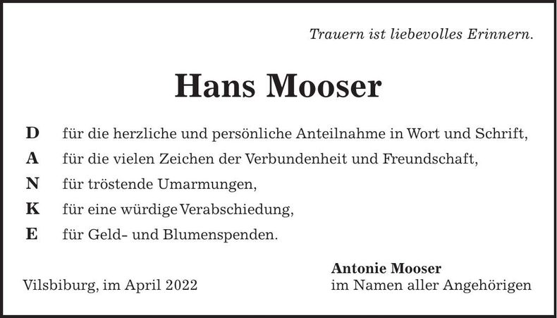 Traueranzeige Hans Mooser