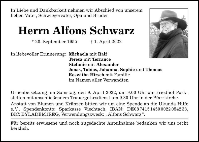 Traueranzeige Alfons Schwarz