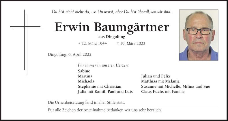 Traueranzeige Erwin Baumgärtner