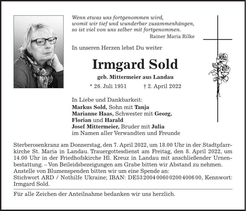 Traueranzeige Irmgard Sold